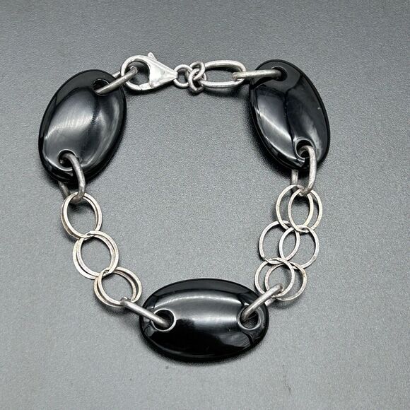 Chateau D’Argent Sterling Silver Onyx Bracelet Chain Link 8” - Picture 1 of 8